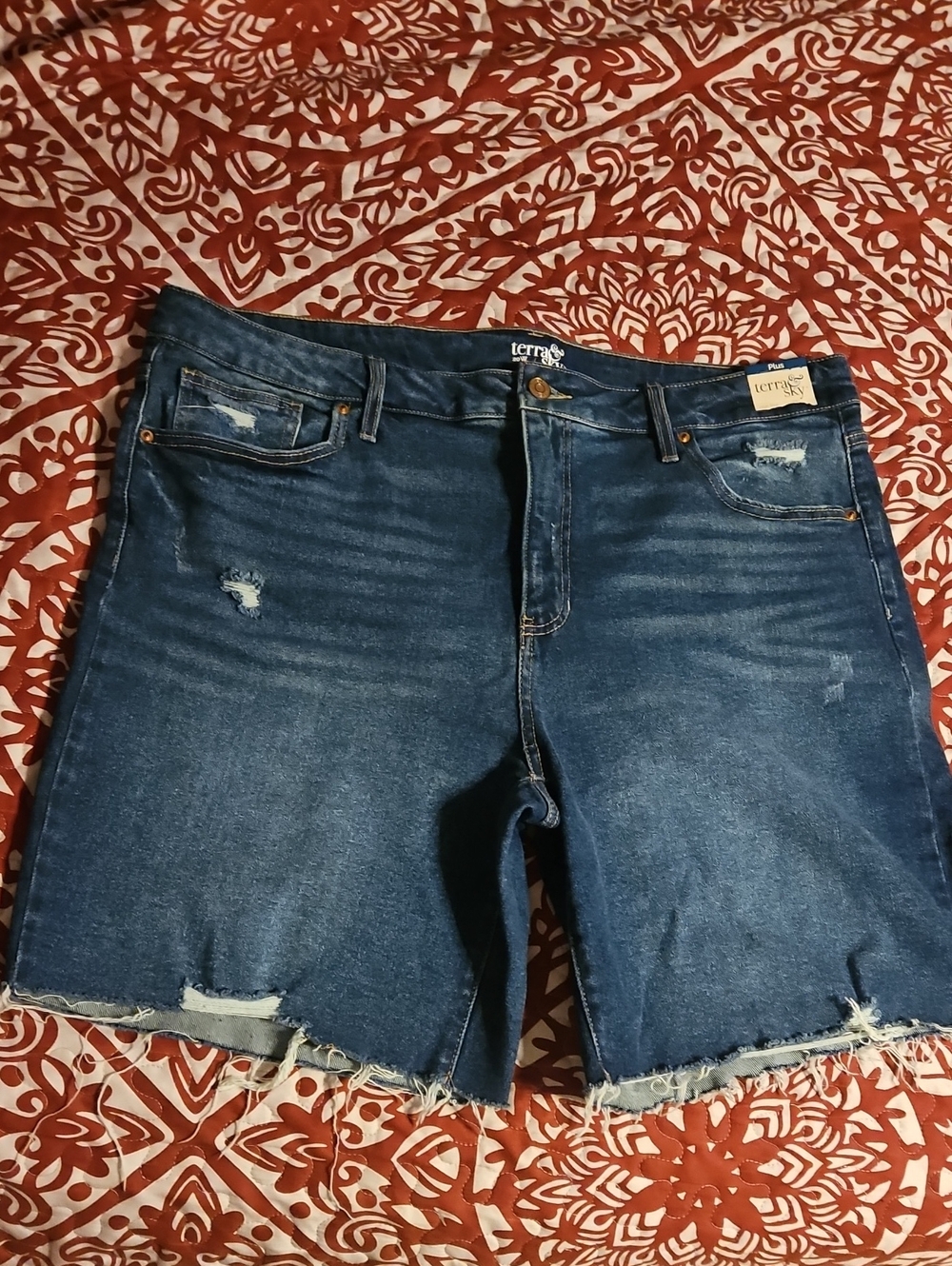Terra & Sky Dark Blue Distressed Denim Bermuda Shorts Sz 20w